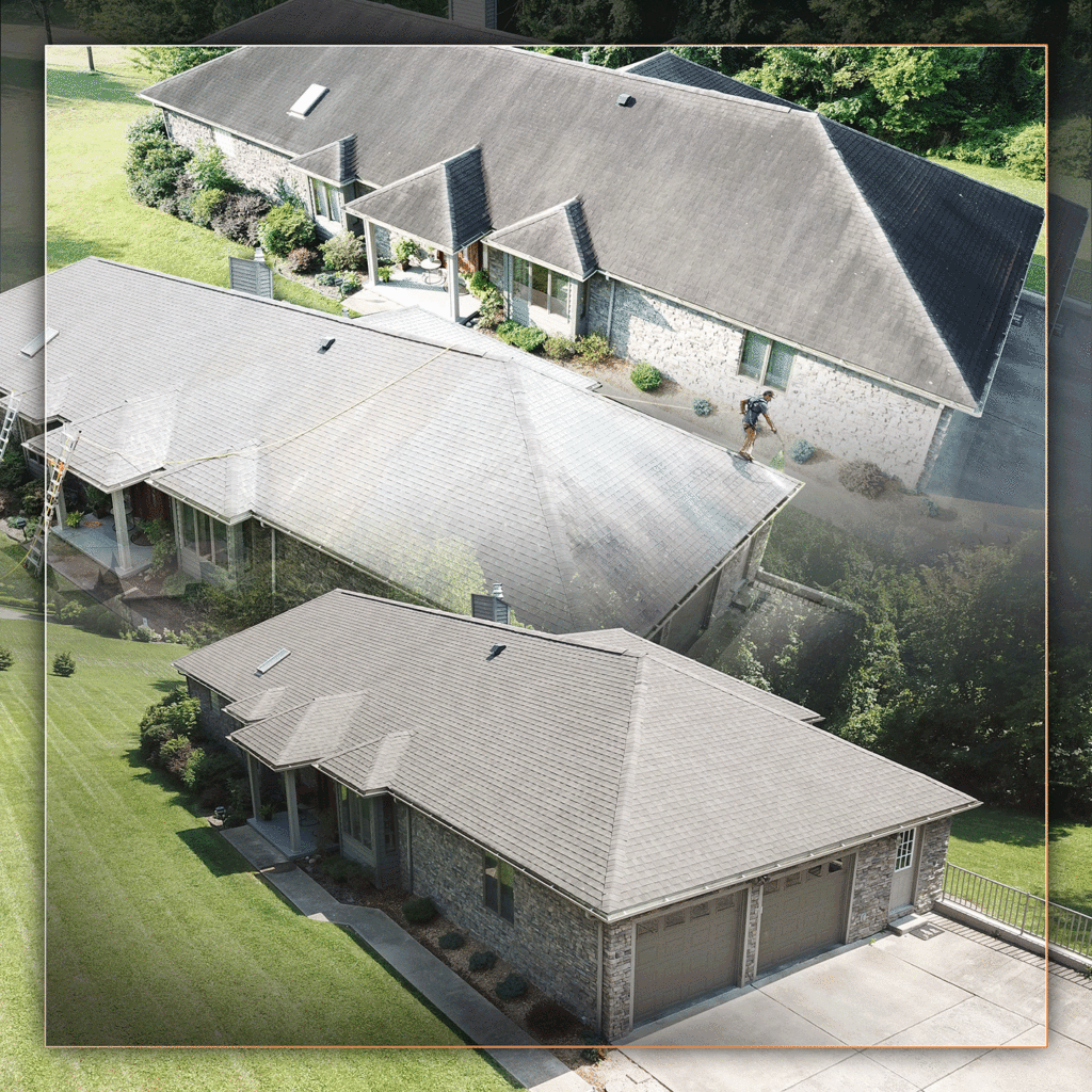 Annotated close-up diagram of aging asphalt shingles showing common problems: black algae streaks, granule loss, shingle curling, and moss or lichen growth
